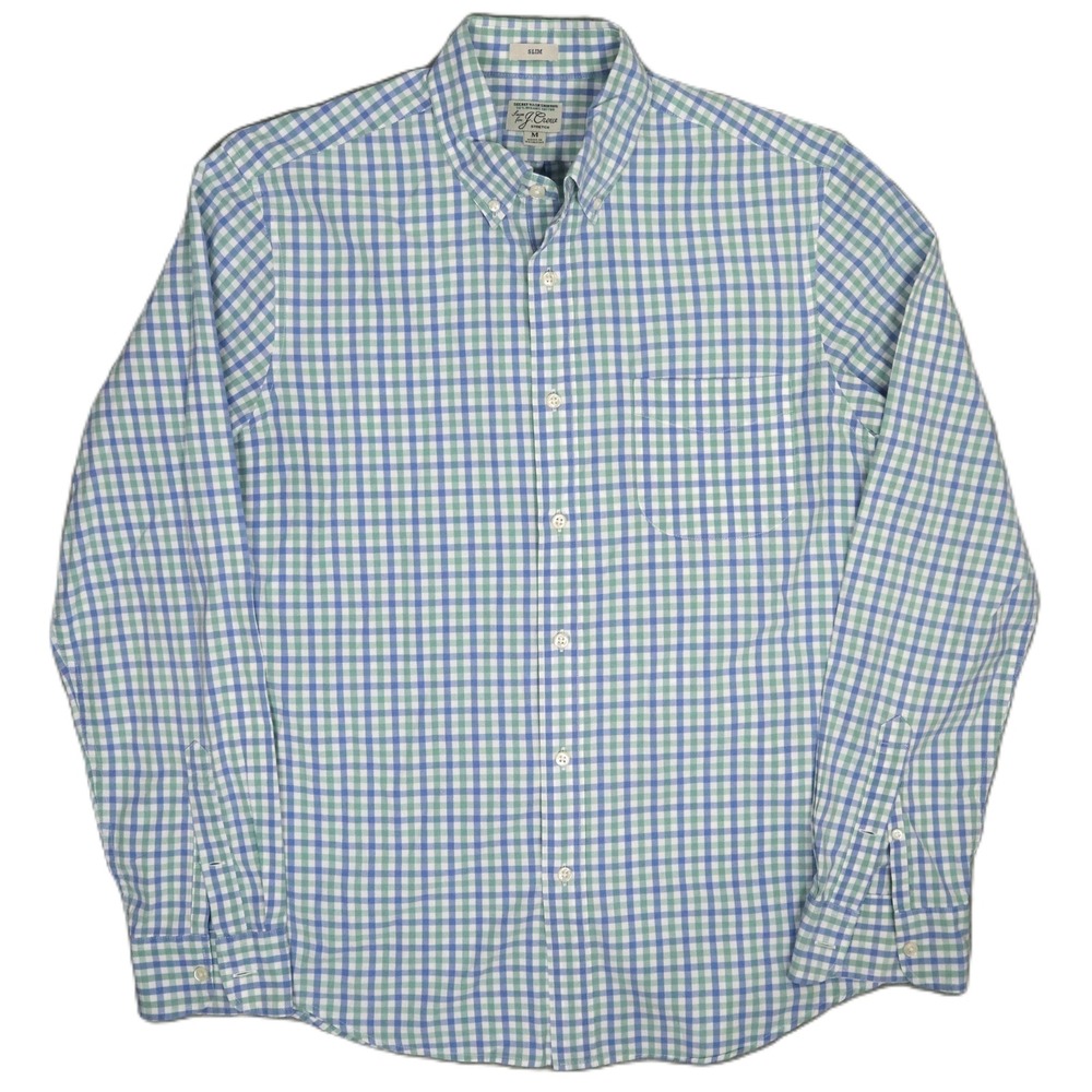 J.Crew Secret Wash Organic Cotton Blue Green Gingham Shirt M Slim Fit‎